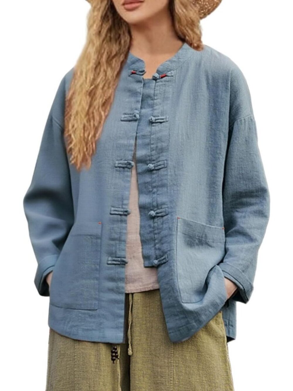 Linen Casual Shirt Jacket with Chinese Frog Buttons for Women - Lightweight